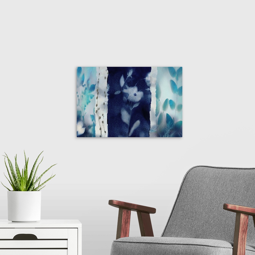A modern room featuring Large abstract painting of flowers and plants in shades of blue.