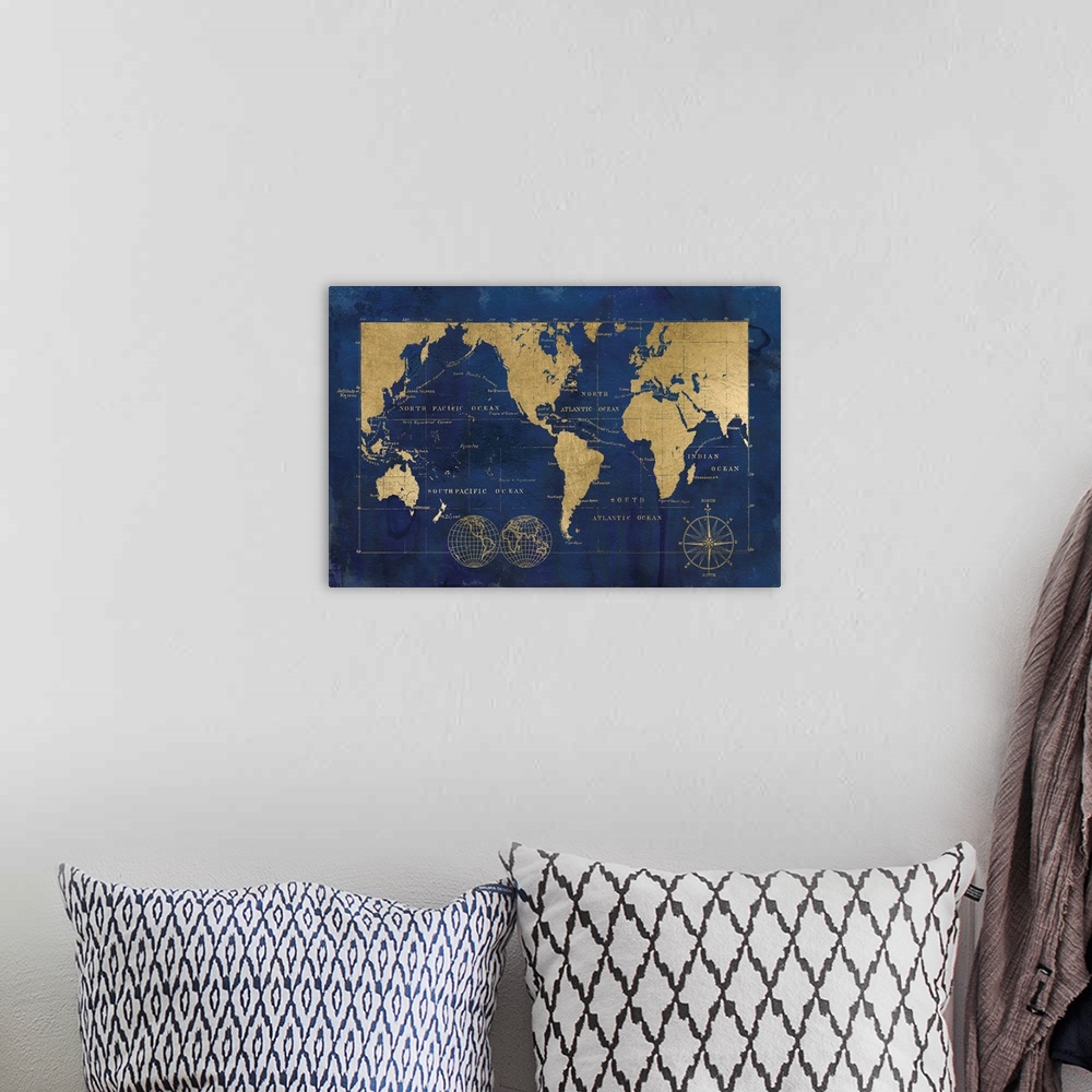 A bohemian room featuring Indigo World Map