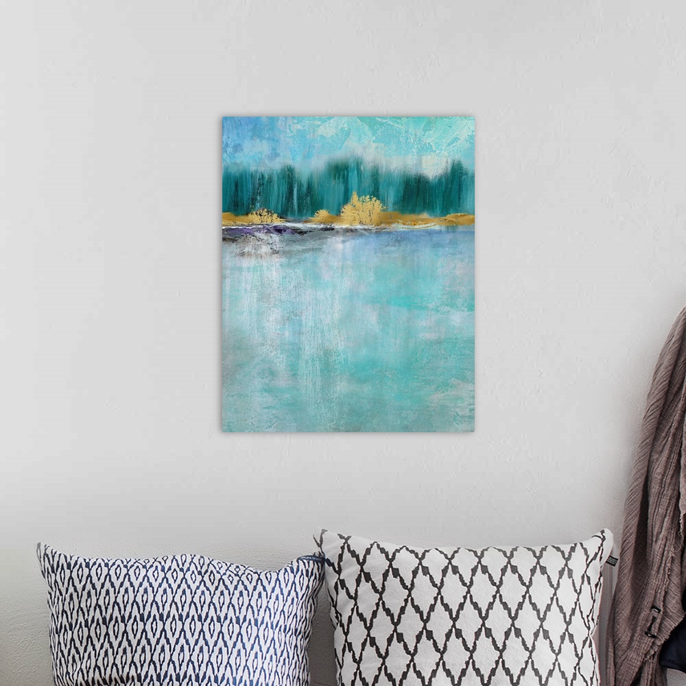 A bohemian room featuring Abstract painting with different shades of blue and a metallic gold treeline.