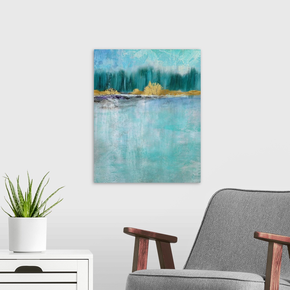 A modern room featuring Abstract painting with different shades of blue and a metallic gold treeline.