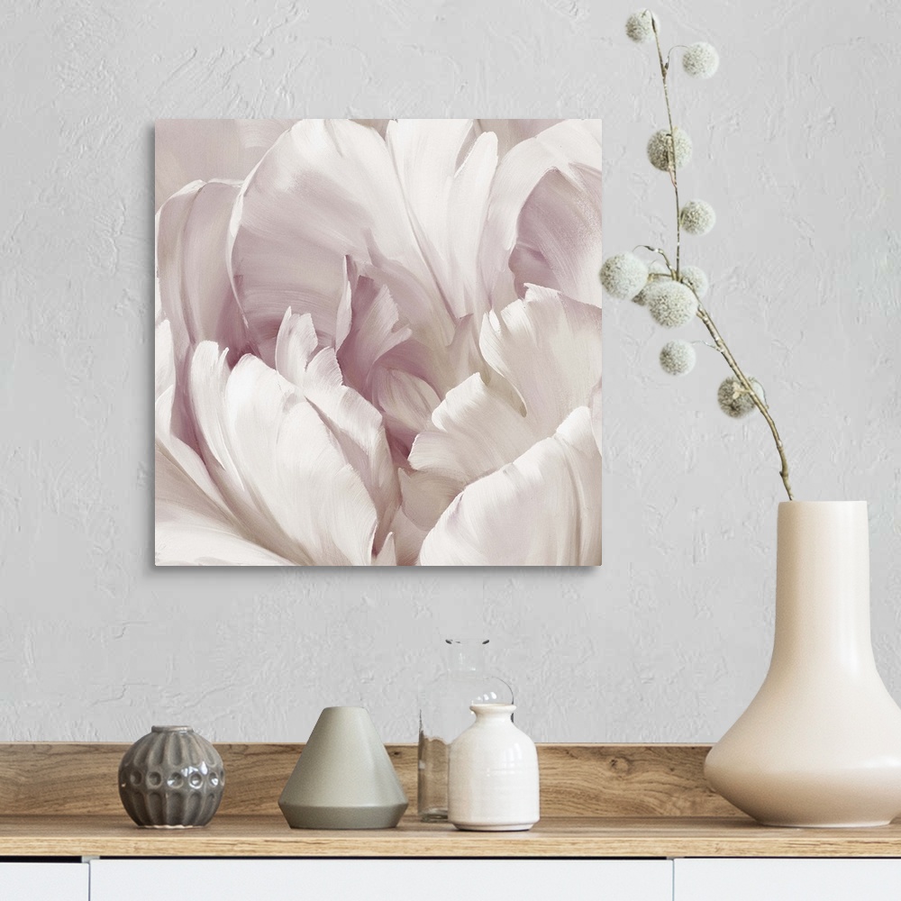 A farmhouse room featuring Contemporary square painting of a pink and white flower close-up.