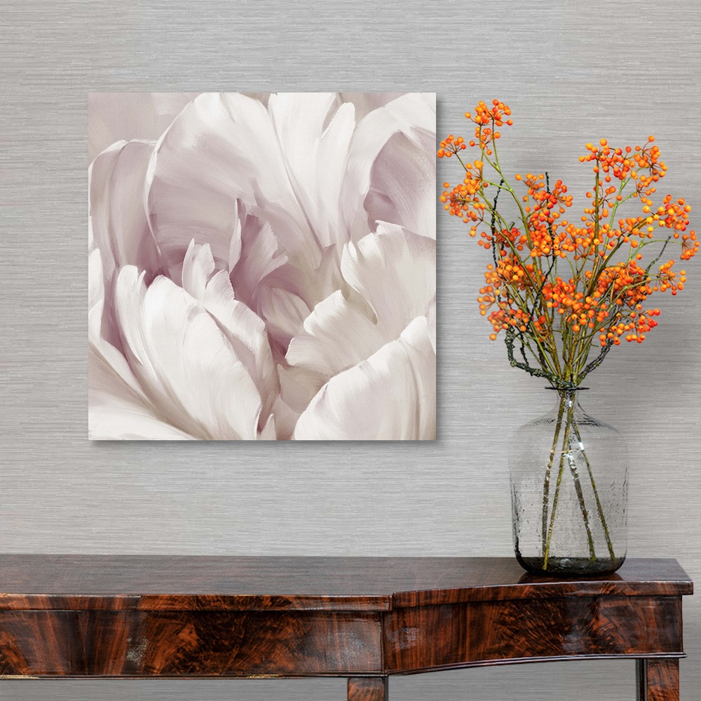 A traditional room featuring Contemporary square painting of a pink and white flower close-up.
