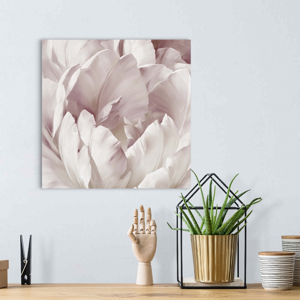 A bohemian room featuring Contemporary square painting of a pink and white flower close-up.