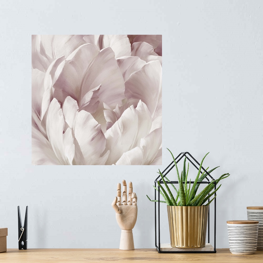 A bohemian room featuring Contemporary square painting of a pink and white flower close-up.