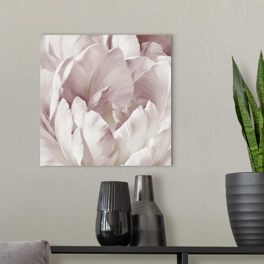 A modern room featuring Contemporary square painting of a pink and white flower close-up.