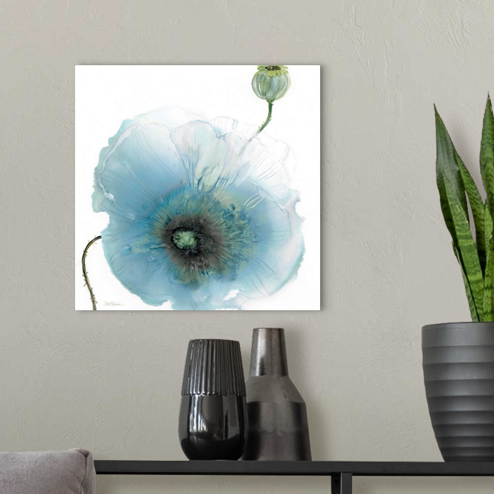 A modern room featuring Iridescent Blue Poppy I