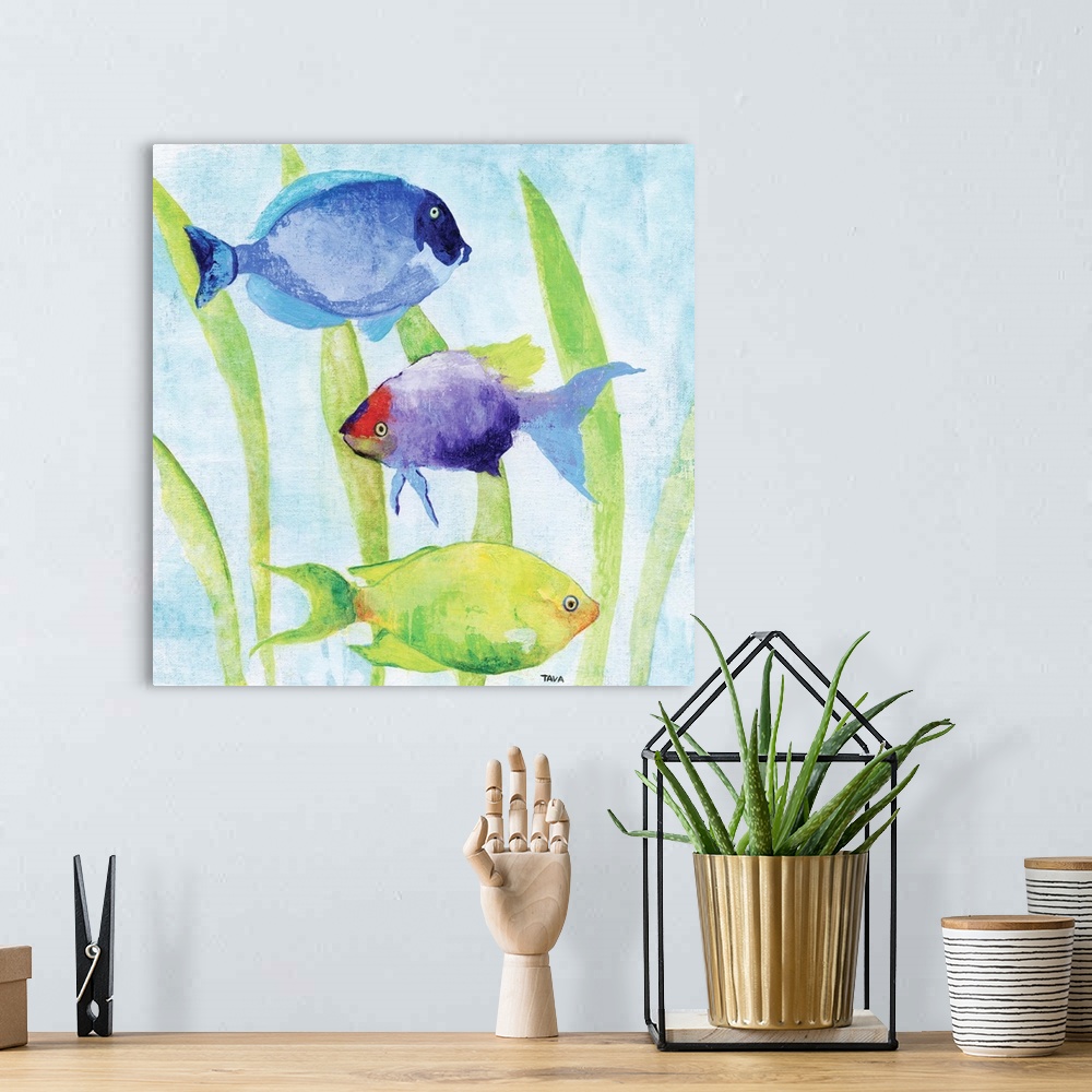 A bohemian room featuring A painting of brightly colored fishes that are swimming near seaweed.