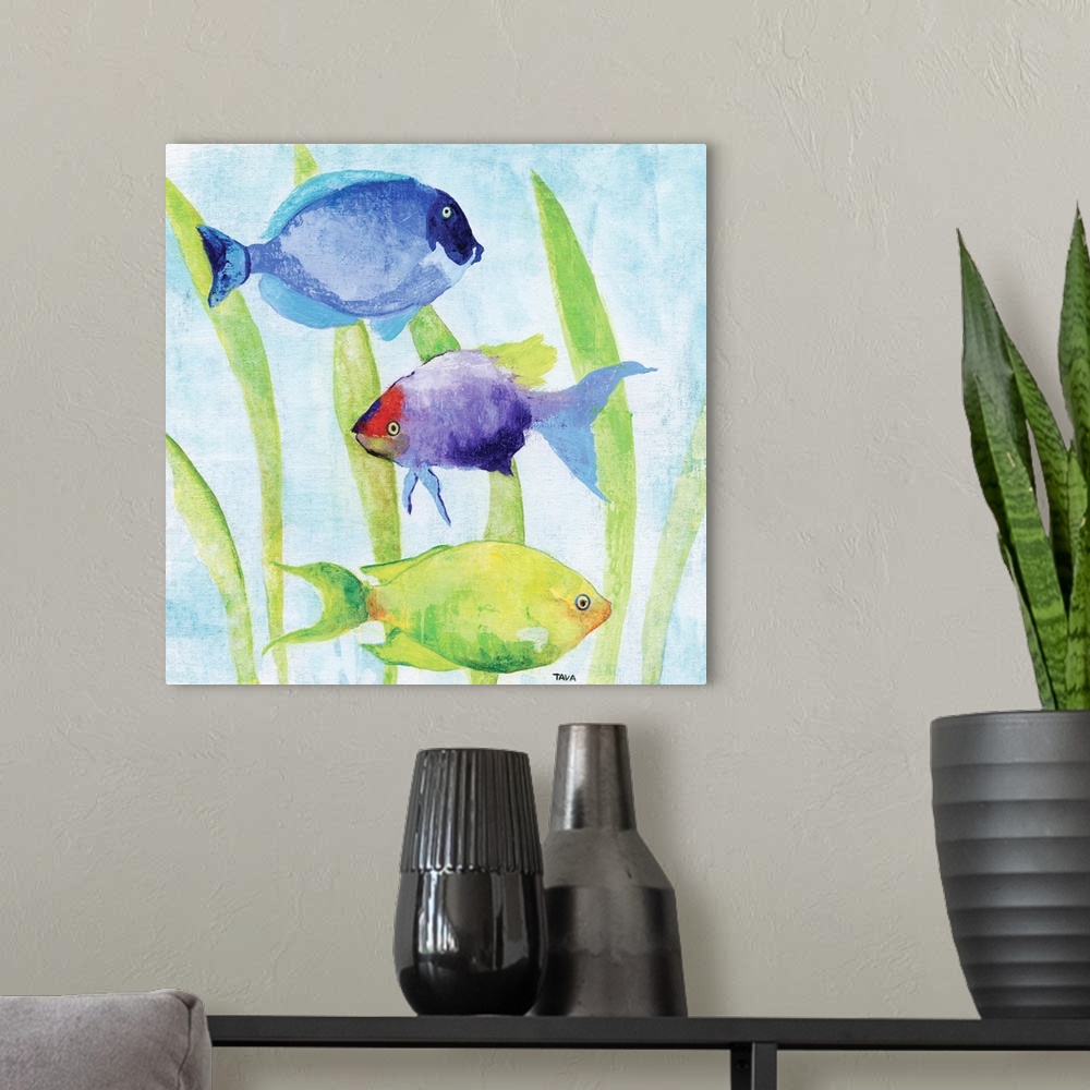 A modern room featuring A painting of brightly colored fishes that are swimming near seaweed.