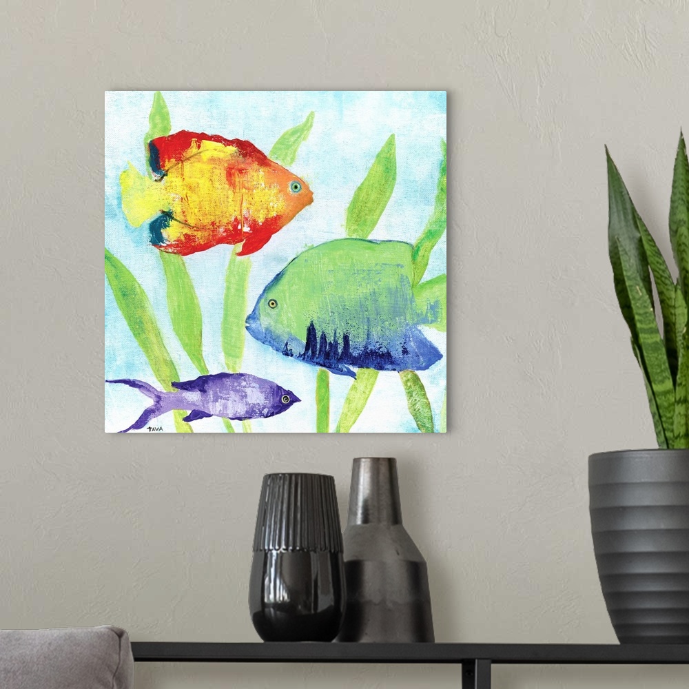 A modern room featuring A painting of brightly colored fishes that are swimming near seaweed.
