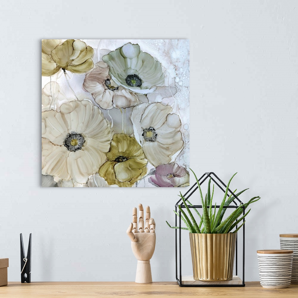 A bohemian room featuring Square decorative image of a group of flowers in muted tones.
