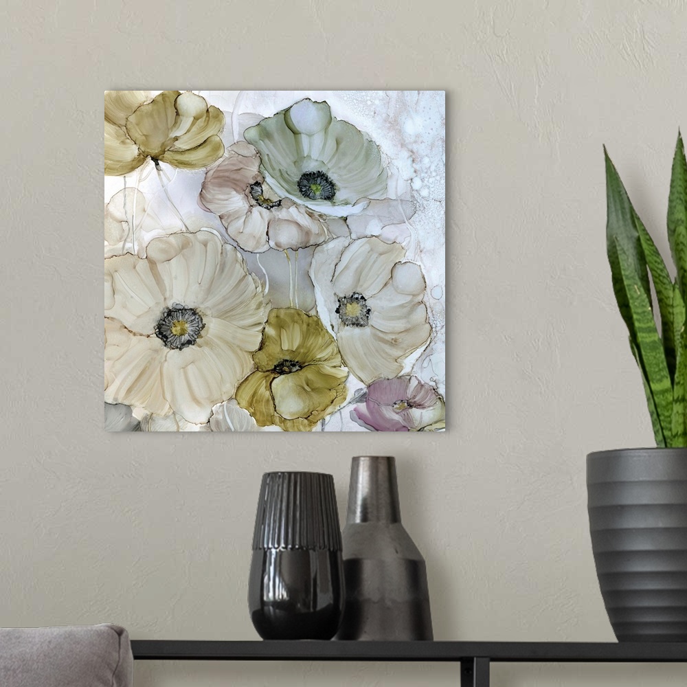 A modern room featuring Square decorative image of a group of flowers in muted tones.