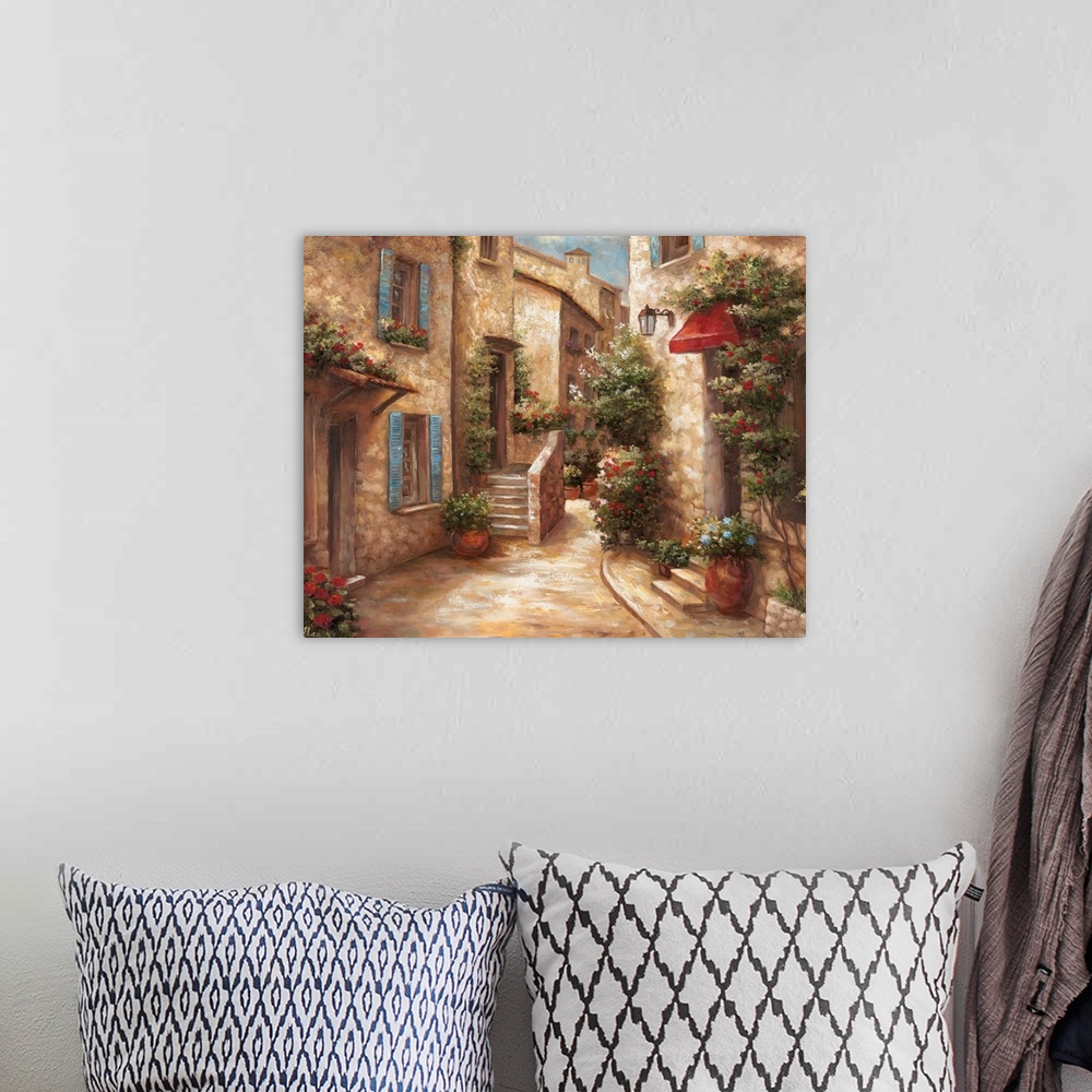 A bohemian room featuring Horizontal, large home art docor of a narrow street running through a stone Italian village, the ...