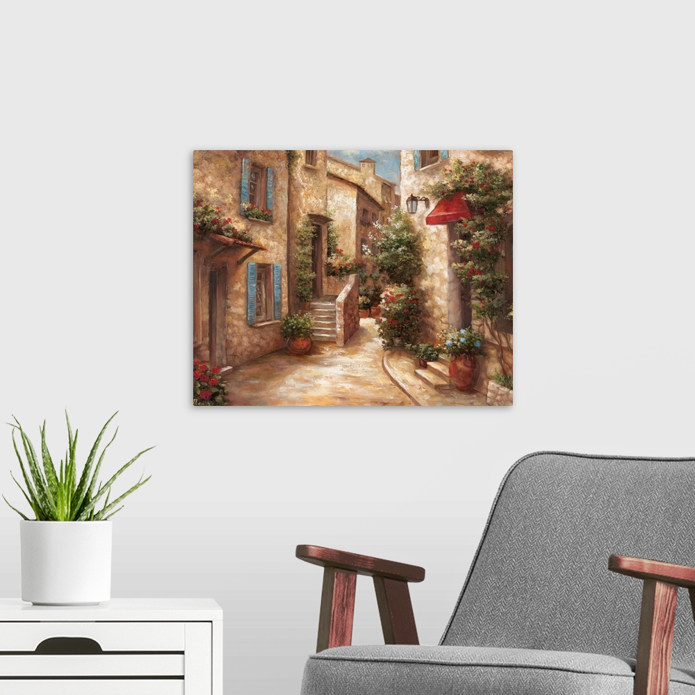 A modern room featuring Horizontal, large home art docor of a narrow street running through a stone Italian village, the ...