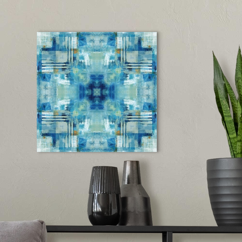 A modern room featuring Large square painting made with shades of blue, green, white, and gold and patterns resembling a ...