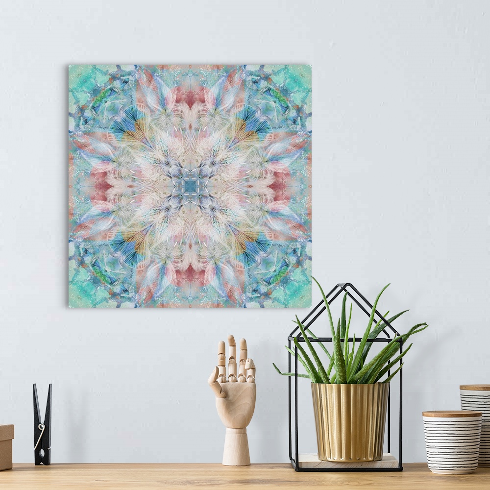 A bohemian room featuring Kaleidoscope style abstract with feathers and shapes in blue, green, pink, orange, cream, and gol...