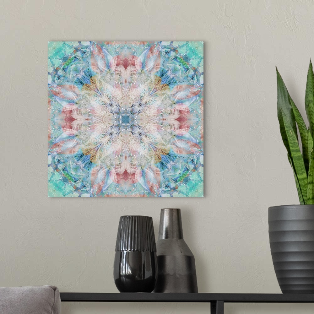 A modern room featuring Kaleidoscope style abstract with feathers and shapes in blue, green, pink, orange, cream, and gol...