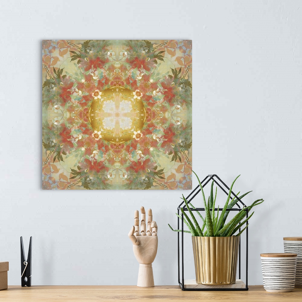 A bohemian room featuring Large square painting with a floral abstract design resembling a view through a kaleidoscope.