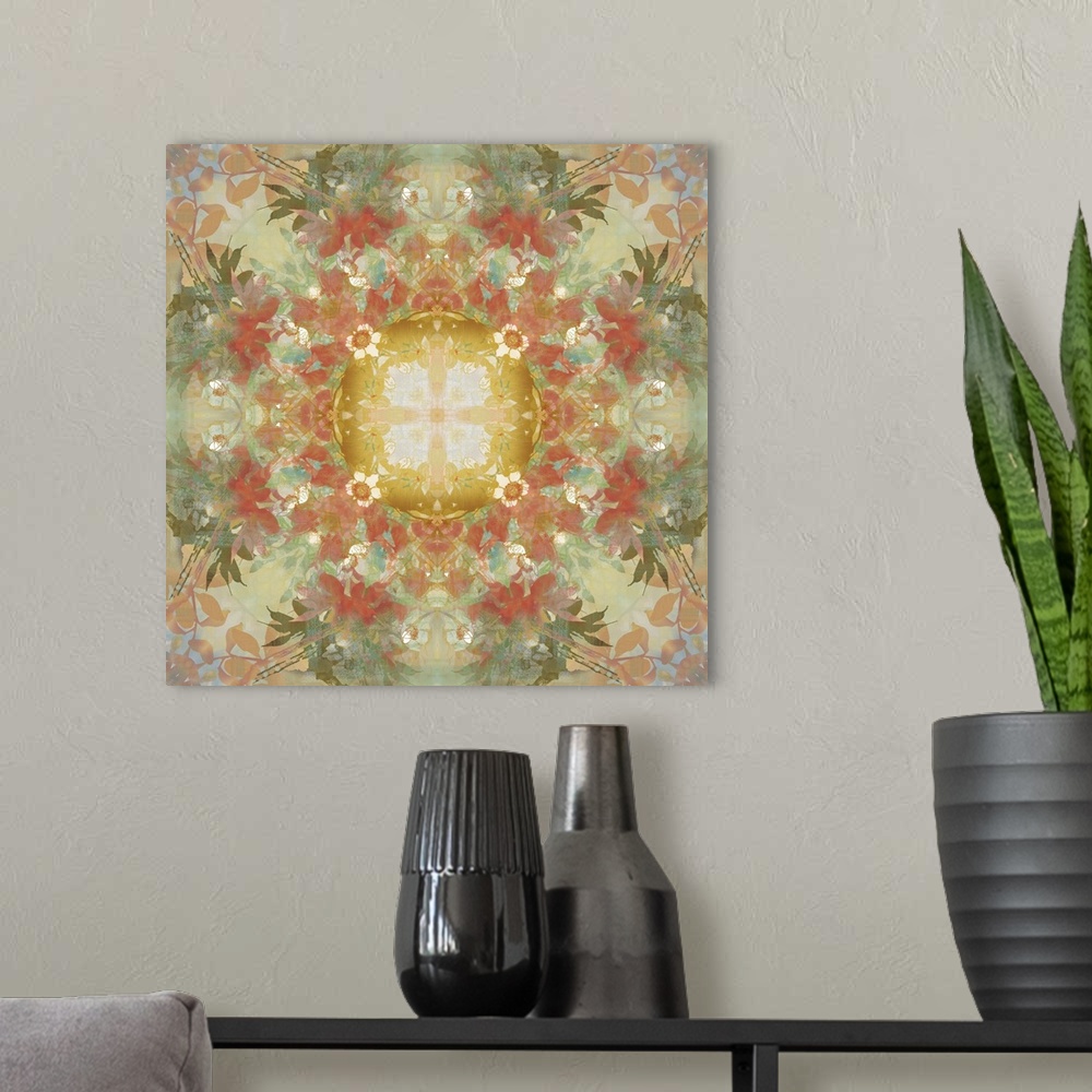A modern room featuring Large square painting with a floral abstract design resembling a view through a kaleidoscope.