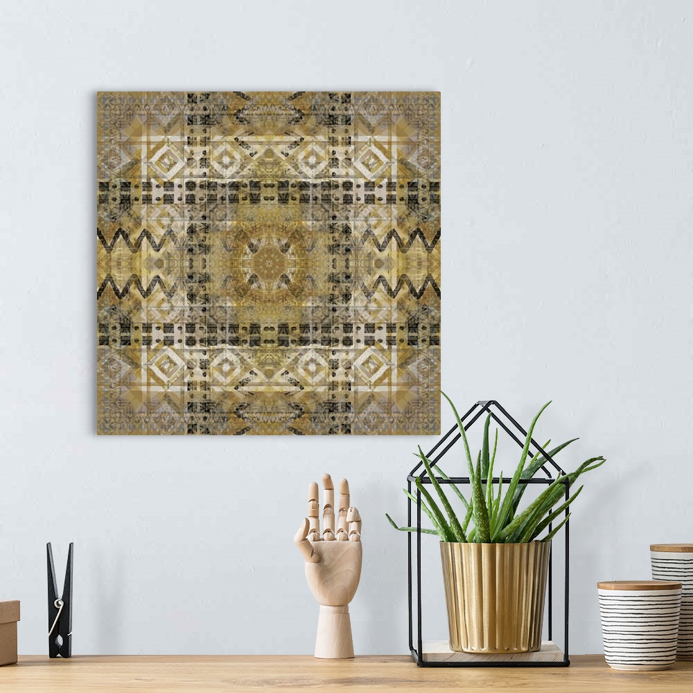 A bohemian room featuring Large square painting made with black, white, and gold and patterns resembling a view through a k...