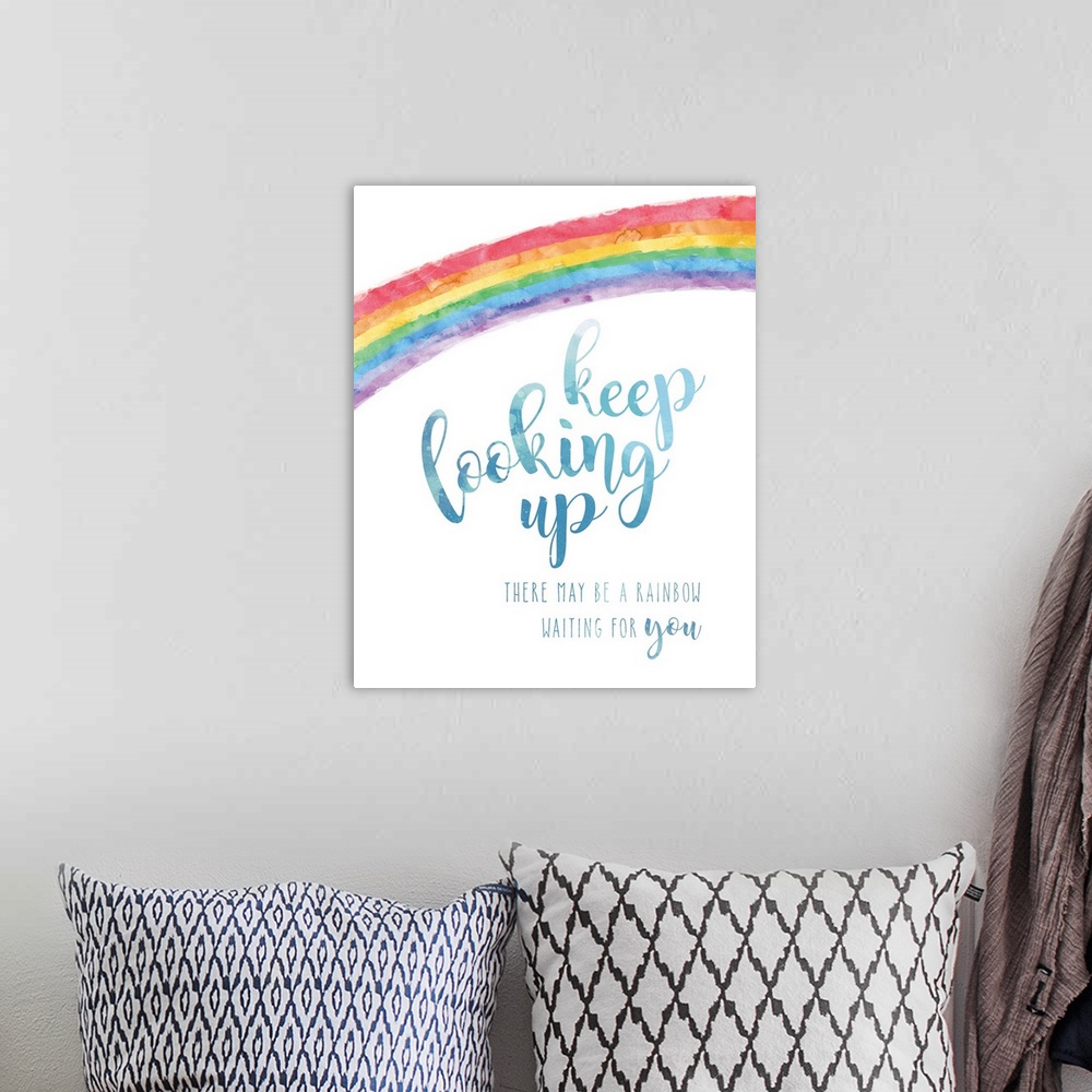 A bohemian room featuring The "Keep looking up, there may be a rainbow waiting for you" sentiment is adorned with a rainbow...