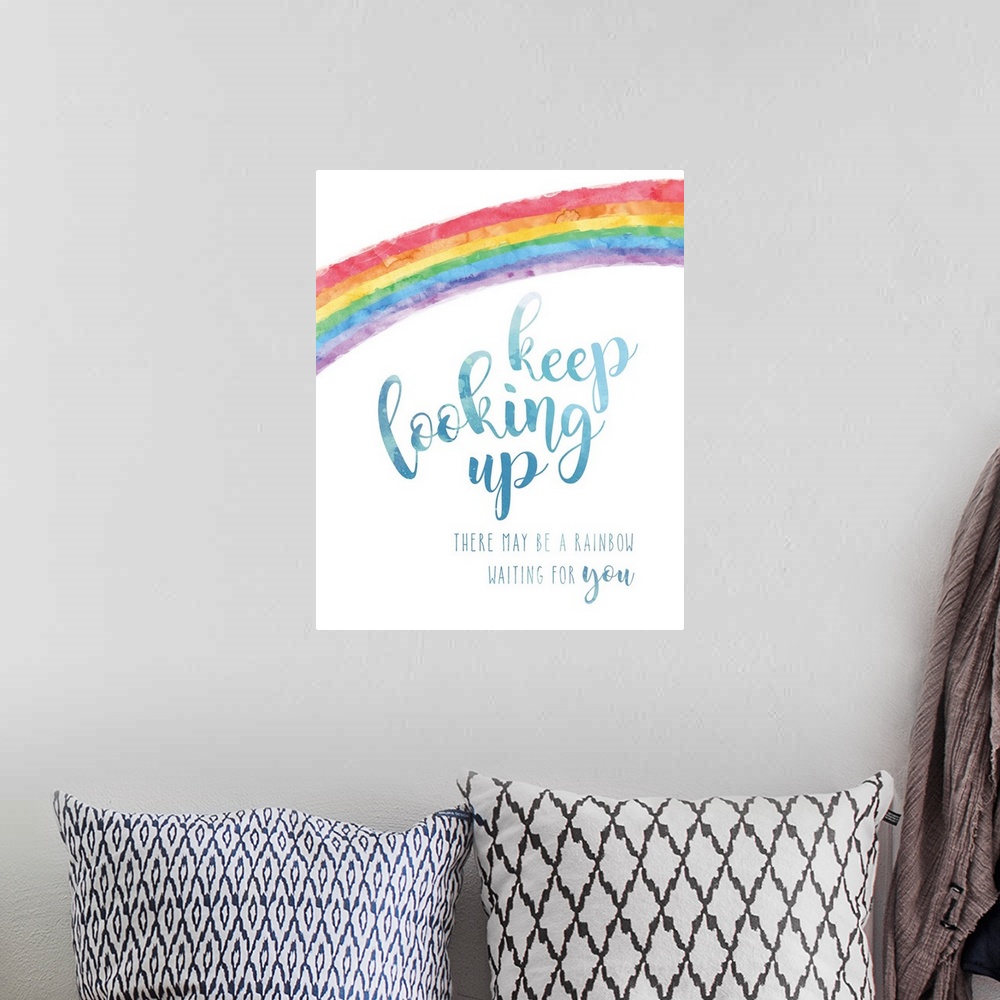 A bohemian room featuring The "Keep looking up, there may be a rainbow waiting for you" sentiment is adorned with a rainbow...
