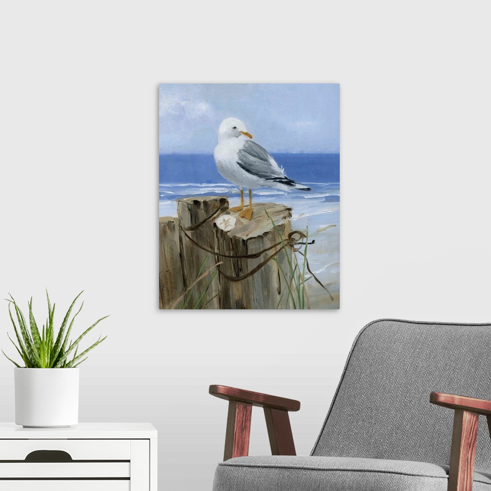 A modern room featuring Contemporary painting of a seagull perched on a wooden post with a sand dollar and the ocean in t...