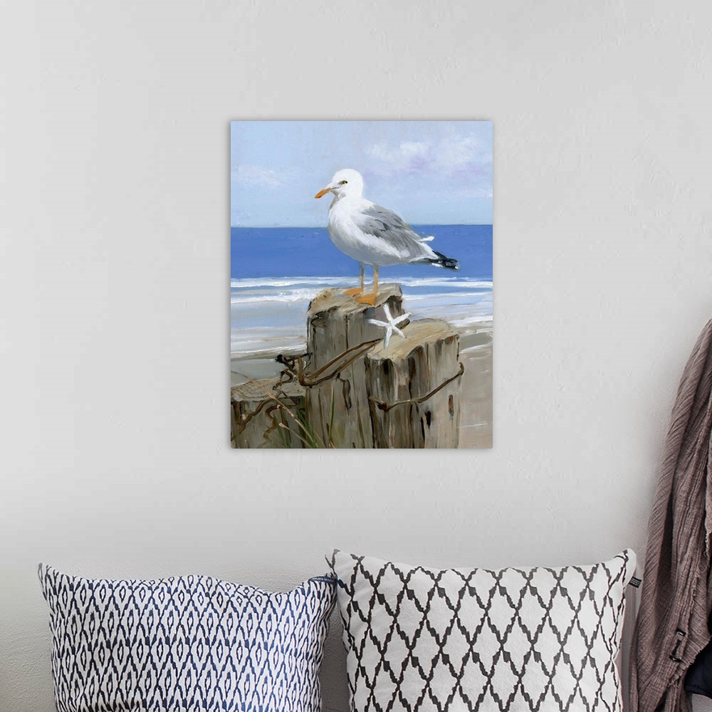 A bohemian room featuring Contemporary painting of a seagull perched on a wooden post with a starfish and the ocean in the ...