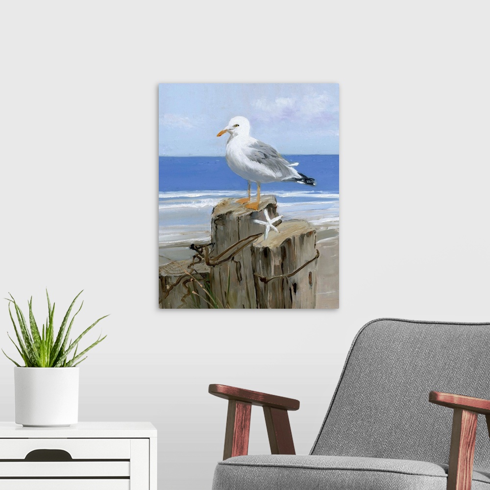 A modern room featuring Contemporary painting of a seagull perched on a wooden post with a starfish and the ocean in the ...