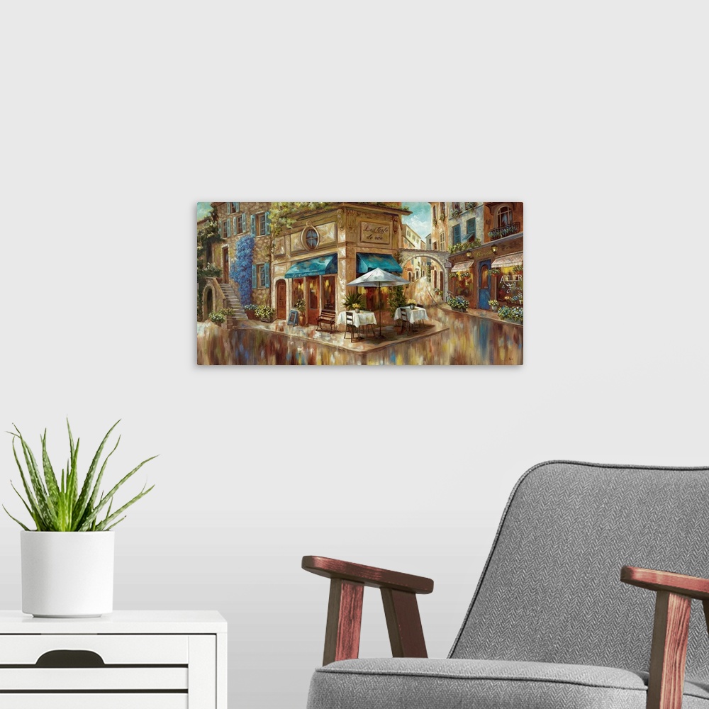A modern room featuring Contemporary painting of a cafe on a cute French street corner.