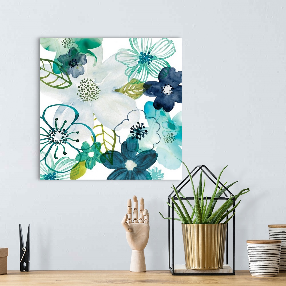 A bohemian room featuring Square floral decor with watercolor flowers in shades of blue and green on a white background.