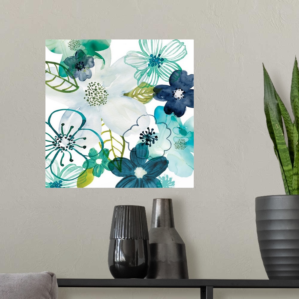 A modern room featuring Square floral decor with watercolor flowers in shades of blue and green on a white background.