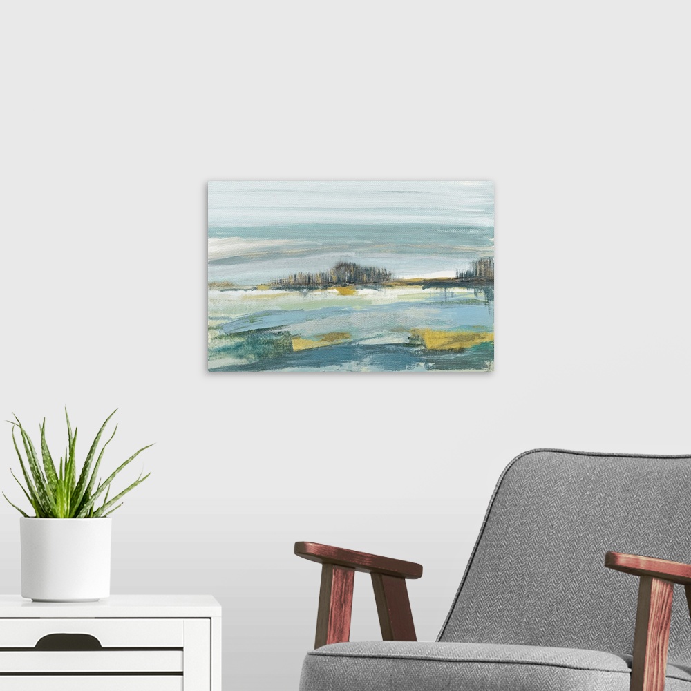 A modern room featuring Contemporary painting of an abstract beach landscape in shades of blue, grey, green, and gold.