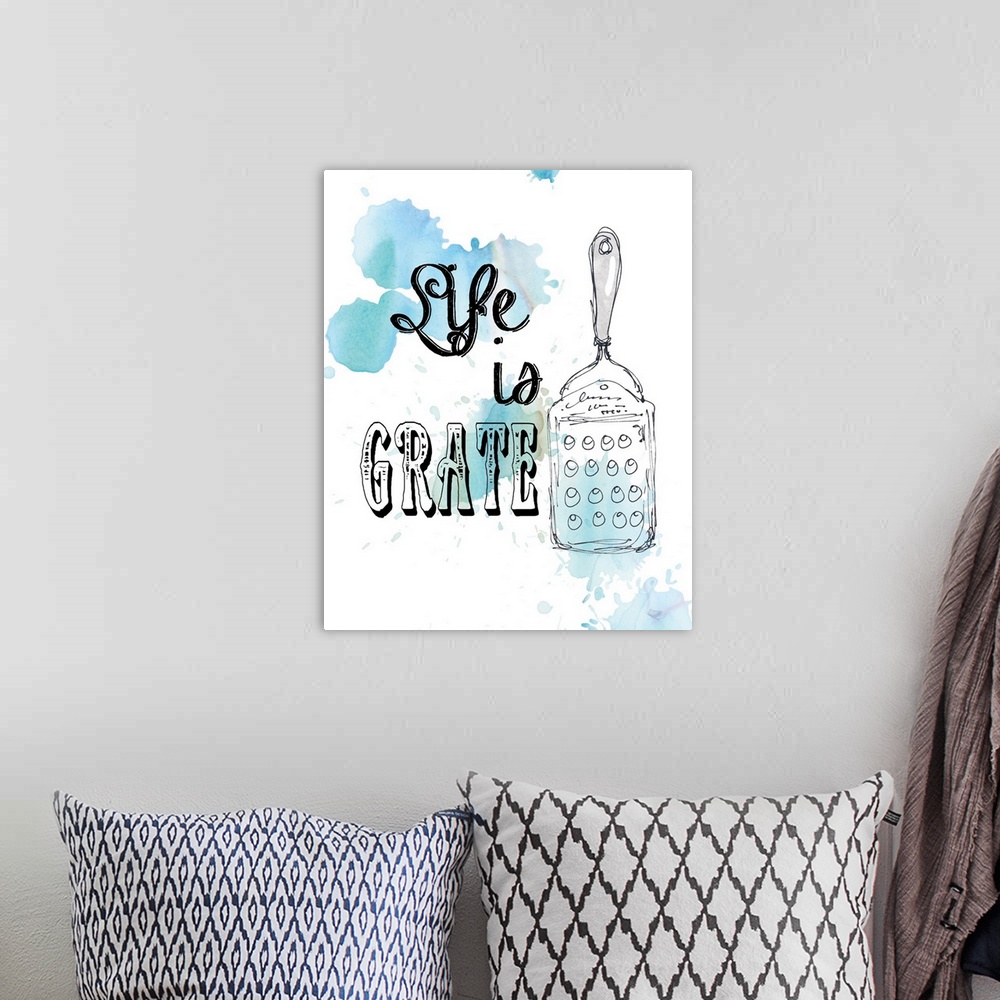 A bohemian room featuring Droplets of blue watercolor on white are the backdrop for the drawing of a cheese grater and the ...