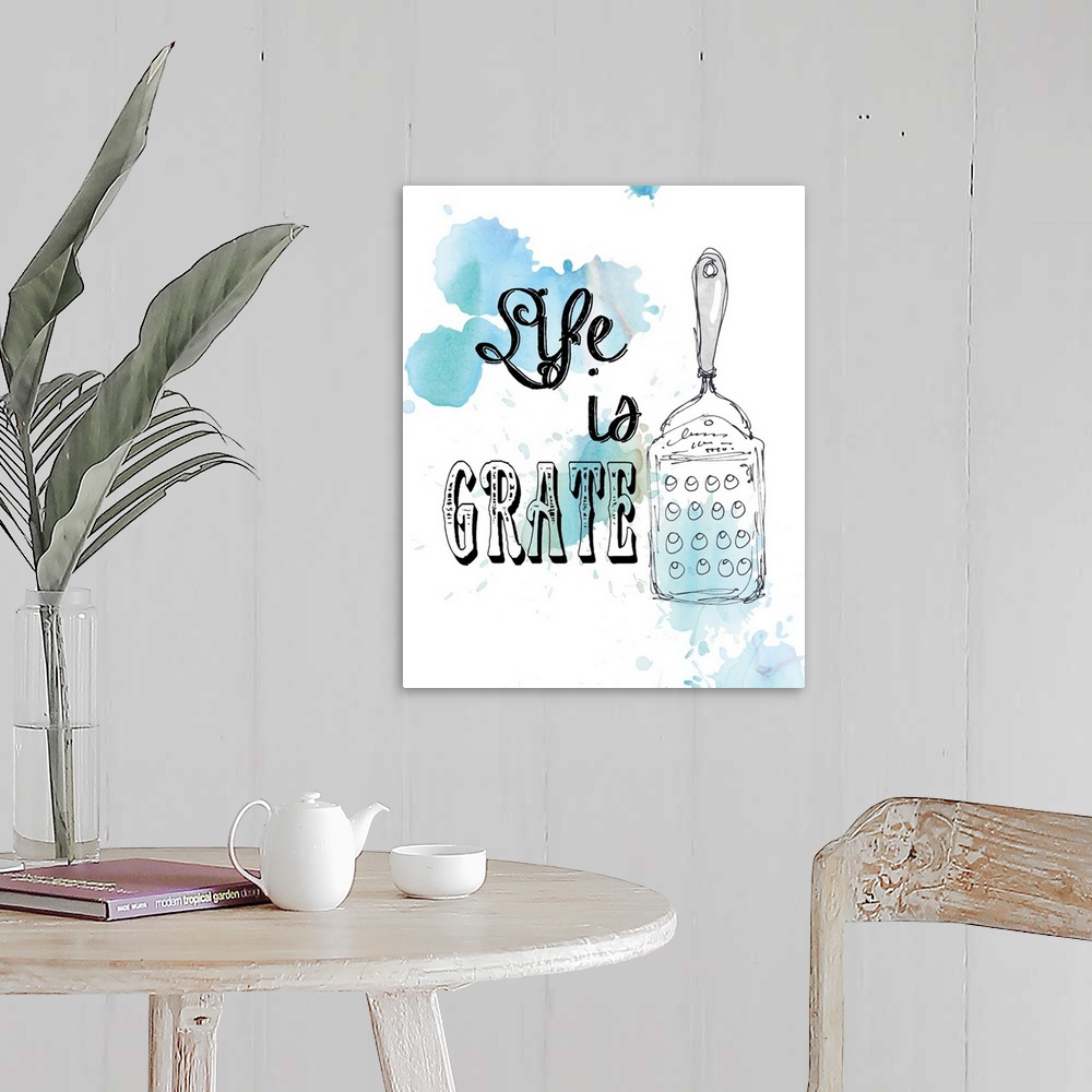 A farmhouse room featuring Droplets of blue watercolor on white are the backdrop for the drawing of a cheese grater and the ...