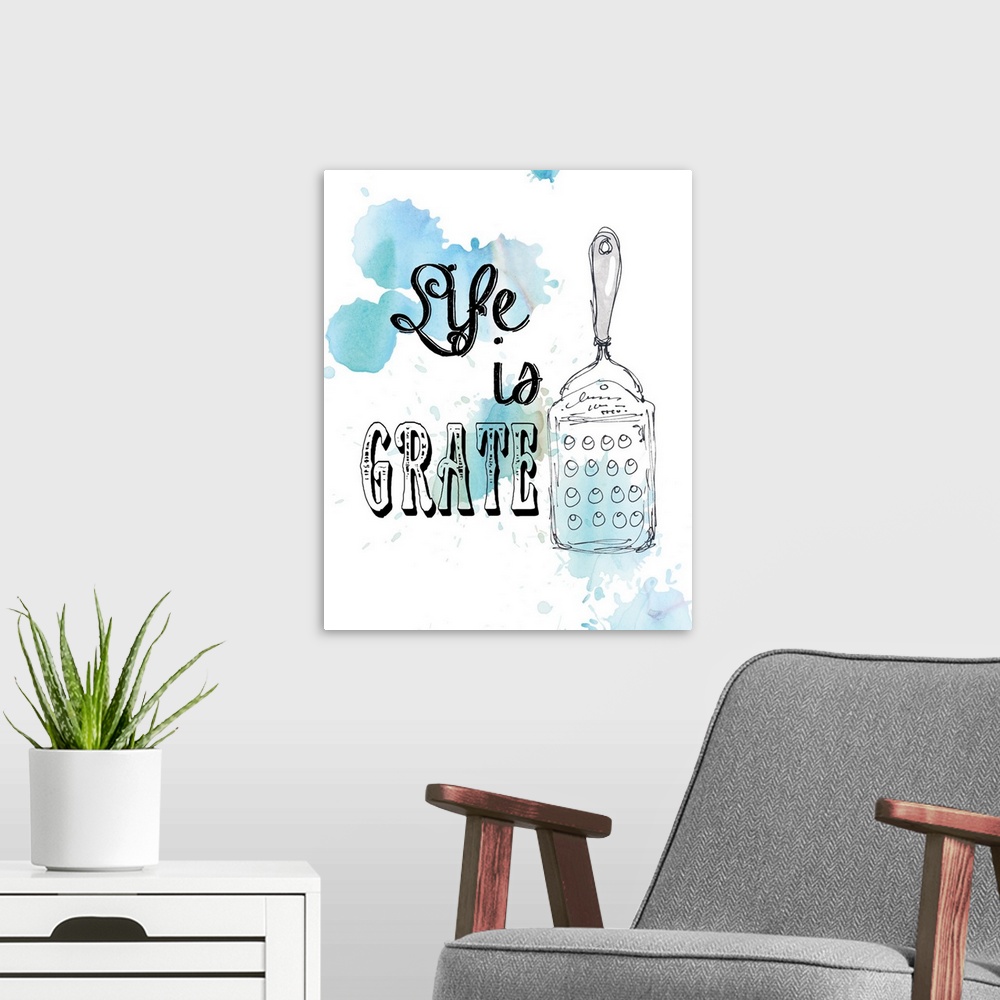 A modern room featuring Droplets of blue watercolor on white are the backdrop for the drawing of a cheese grater and the ...