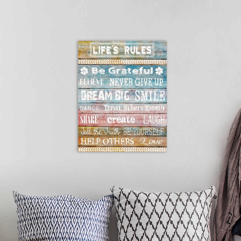 A bohemian room featuring "Life's Rules, Be Grateful, Believe, Never Give Up, Dream Big, Smile, Dance, Treat Others Kindly,...