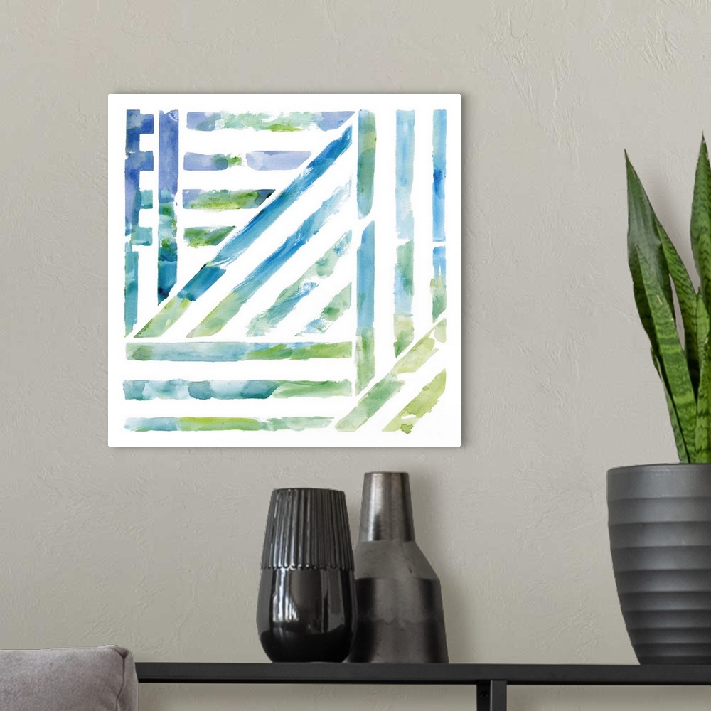 A modern room featuring A watercolor painting of a geometric lined design with cool colors representing a view through a ...