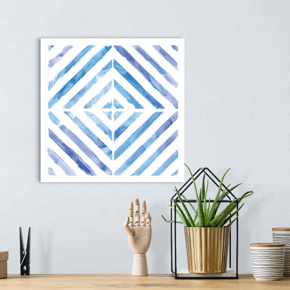 A bohemian room featuring A symmetric watercolor painting of a geometric lined design with cool colors representing a view ...