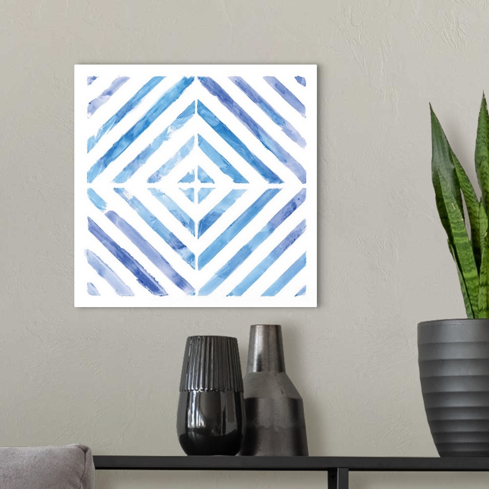 A modern room featuring A symmetric watercolor painting of a geometric lined design with cool colors representing a view ...