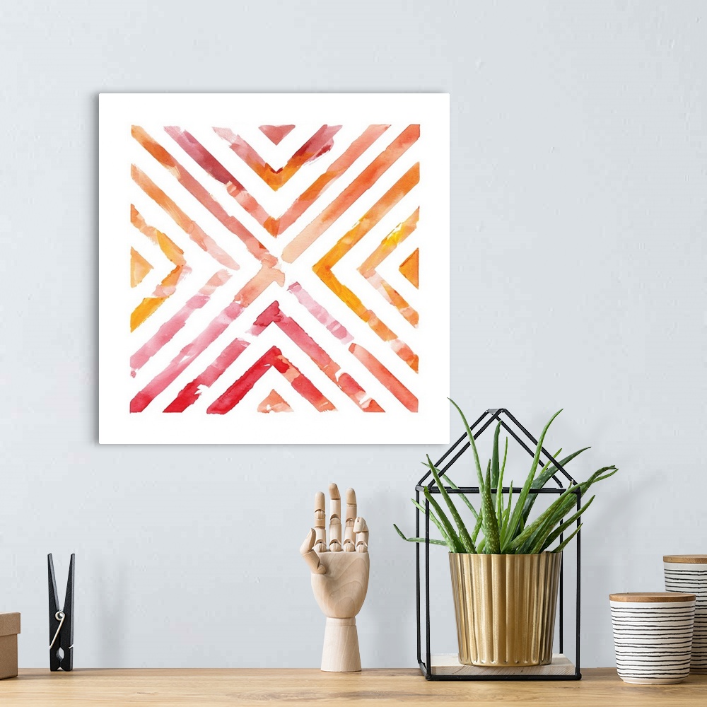 A bohemian room featuring A symmetric watercolor painting of a geometric lined design with warm colors representing a view ...