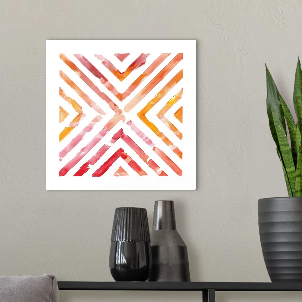 A modern room featuring A symmetric watercolor painting of a geometric lined design with warm colors representing a view ...