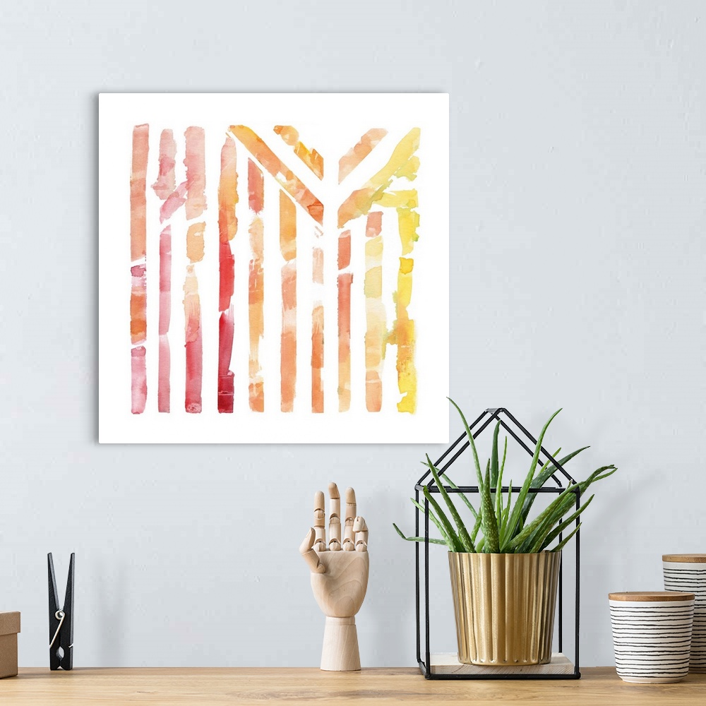 A bohemian room featuring A watercolor painting of a geometric lined design with warm colors representing a view through a ...