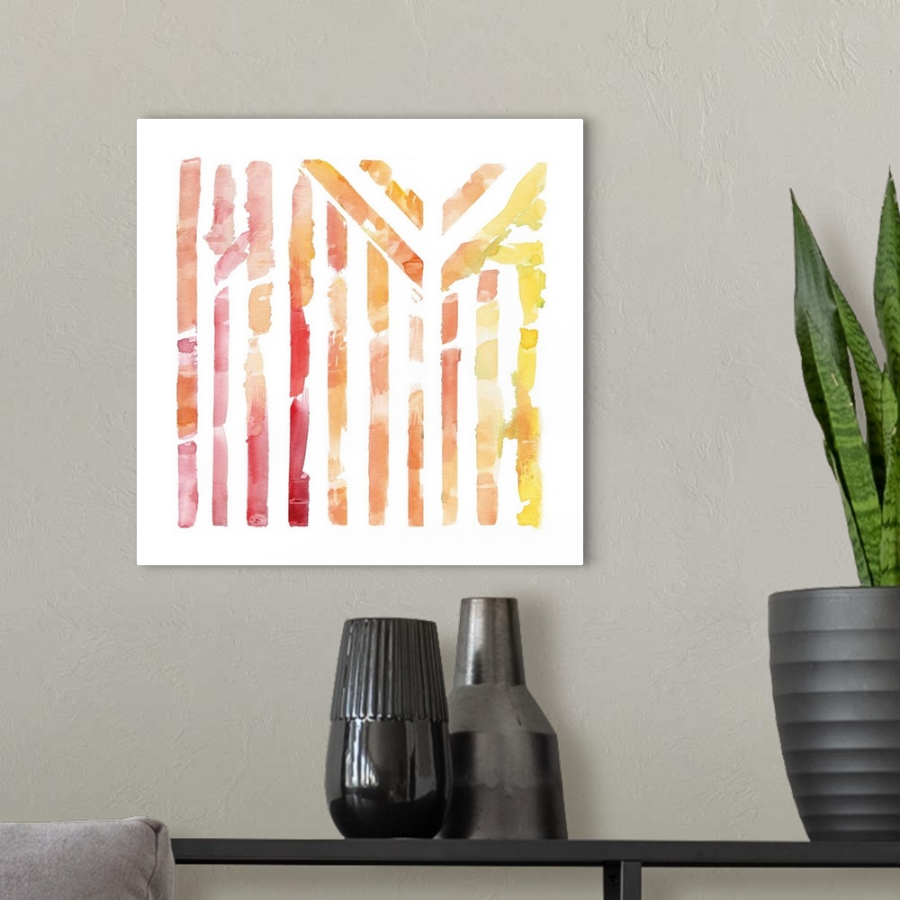 A modern room featuring A watercolor painting of a geometric lined design with warm colors representing a view through a ...