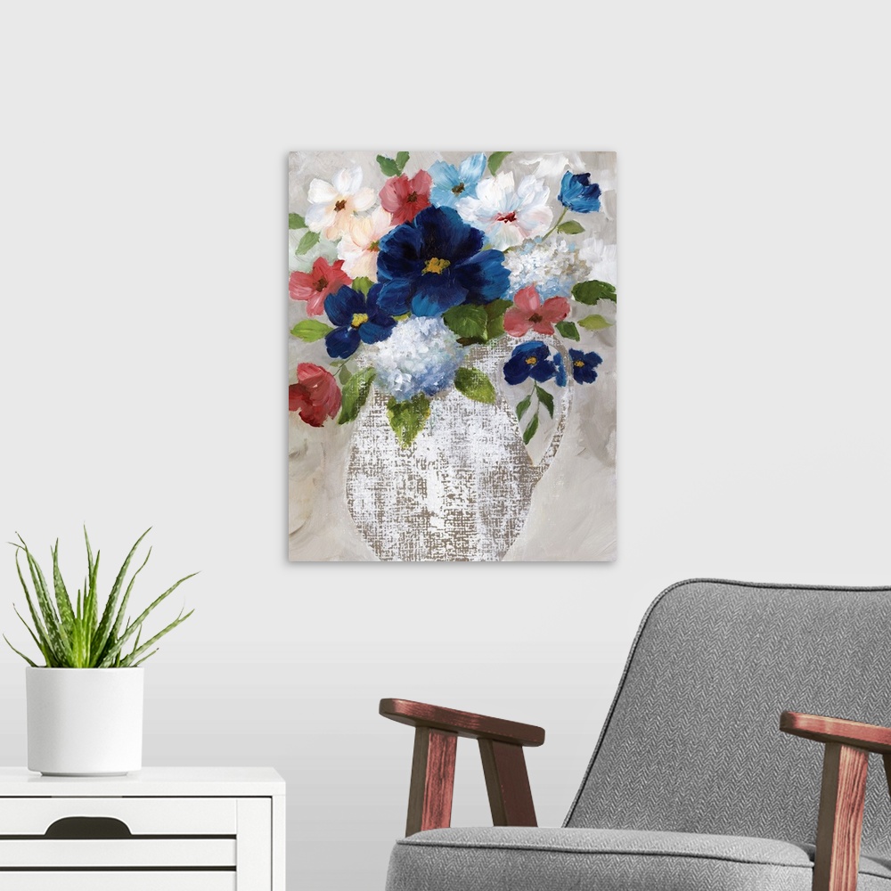 A modern room featuring Contemporary painting of a white linen textured vase filled with flowers of red, white and blue.