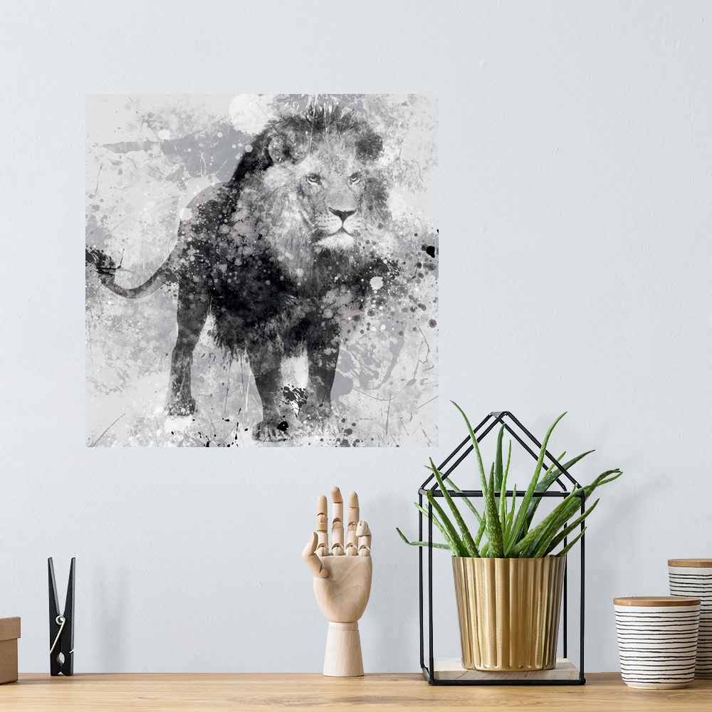 A bohemian room featuring Contemporary artwork of a lion against a textured looking background with an overall grungy and d...