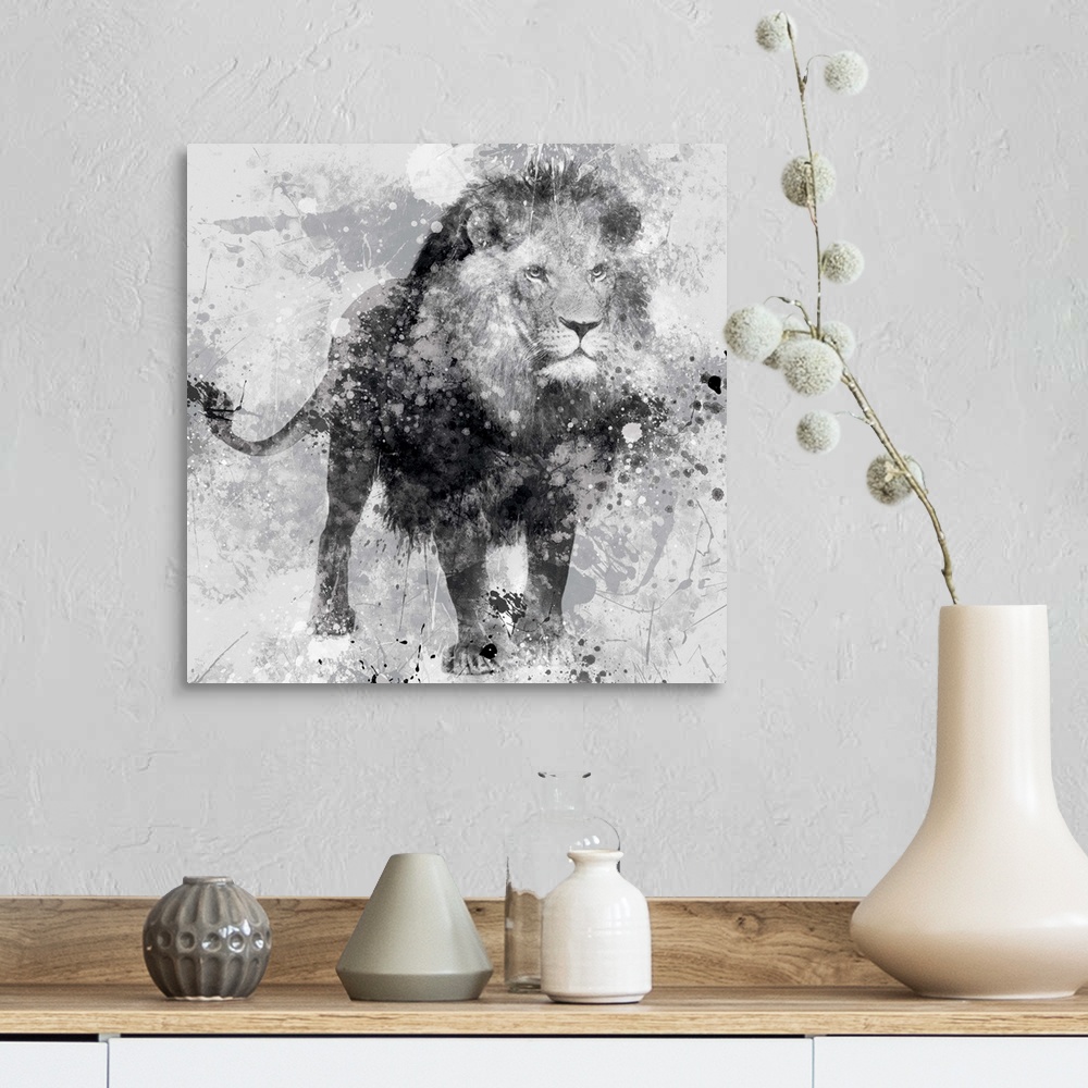 A farmhouse room featuring Contemporary artwork of a lion against a textured looking background with an overall grungy and d...