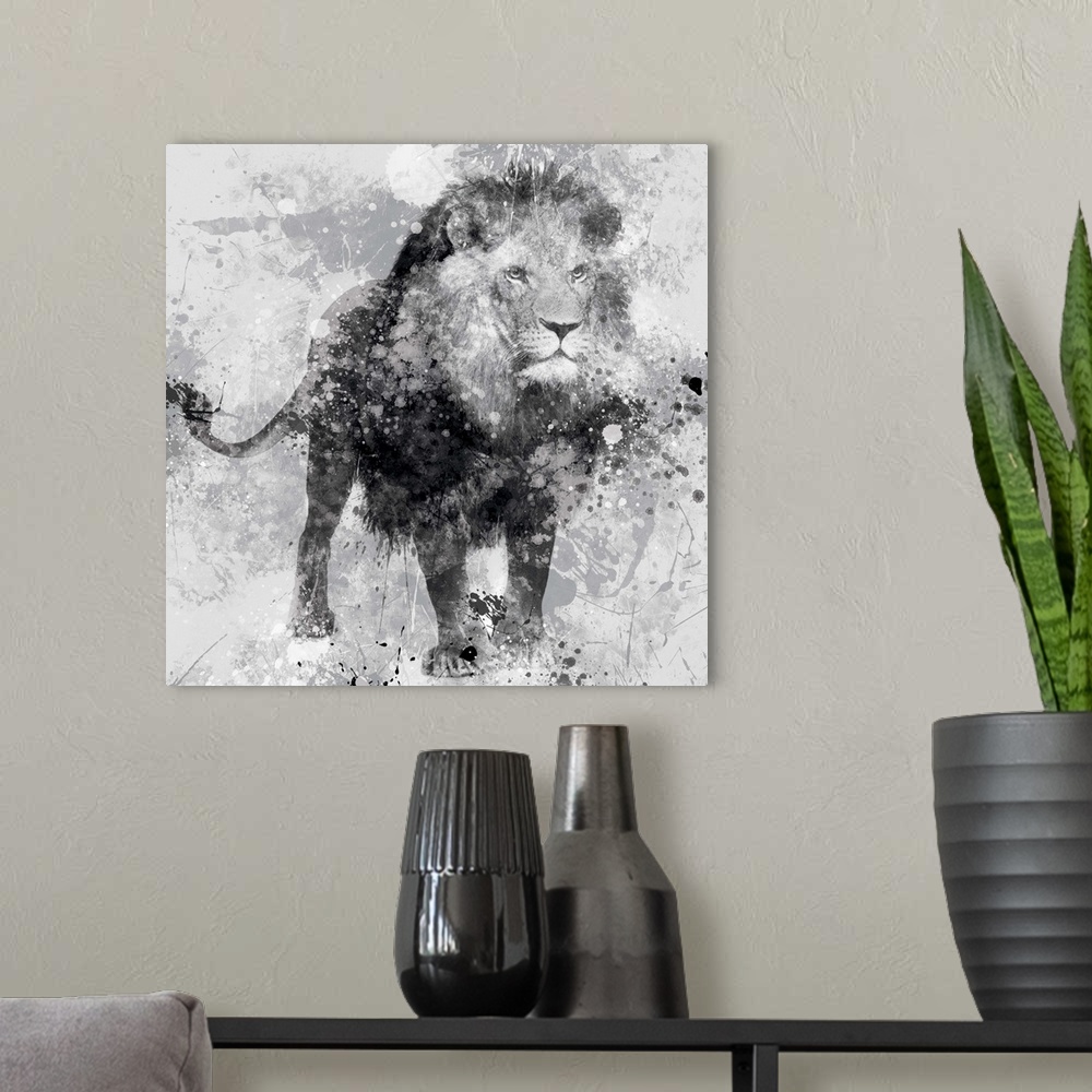 A modern room featuring Contemporary artwork of a lion against a textured looking background with an overall grungy and d...