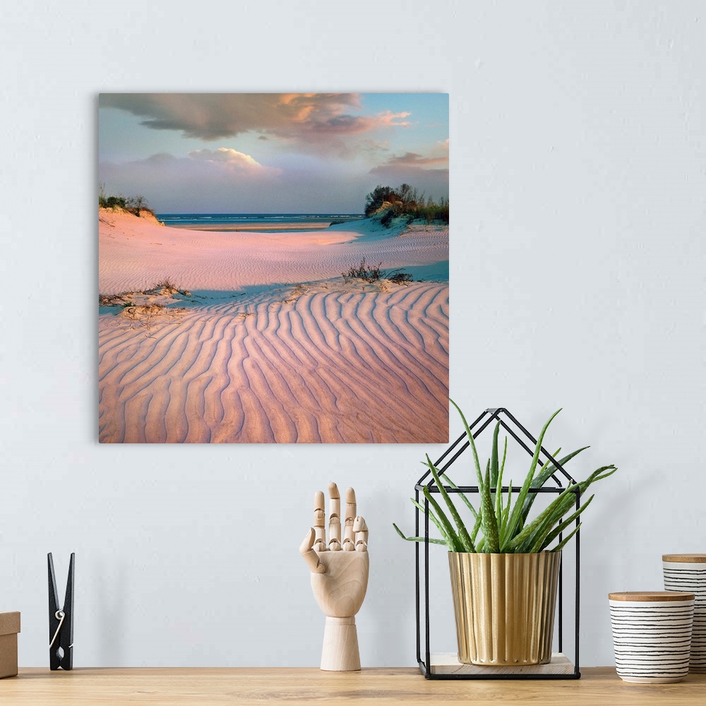 A bohemian room featuring Square landscape photograph  of a beach scene highlighting the texture in the pink toned sand.