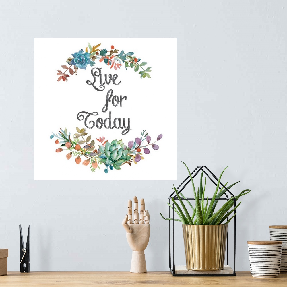 A bohemian room featuring Square watercolor painting with floral arches made out of colorful leaves and succulents enclosin...