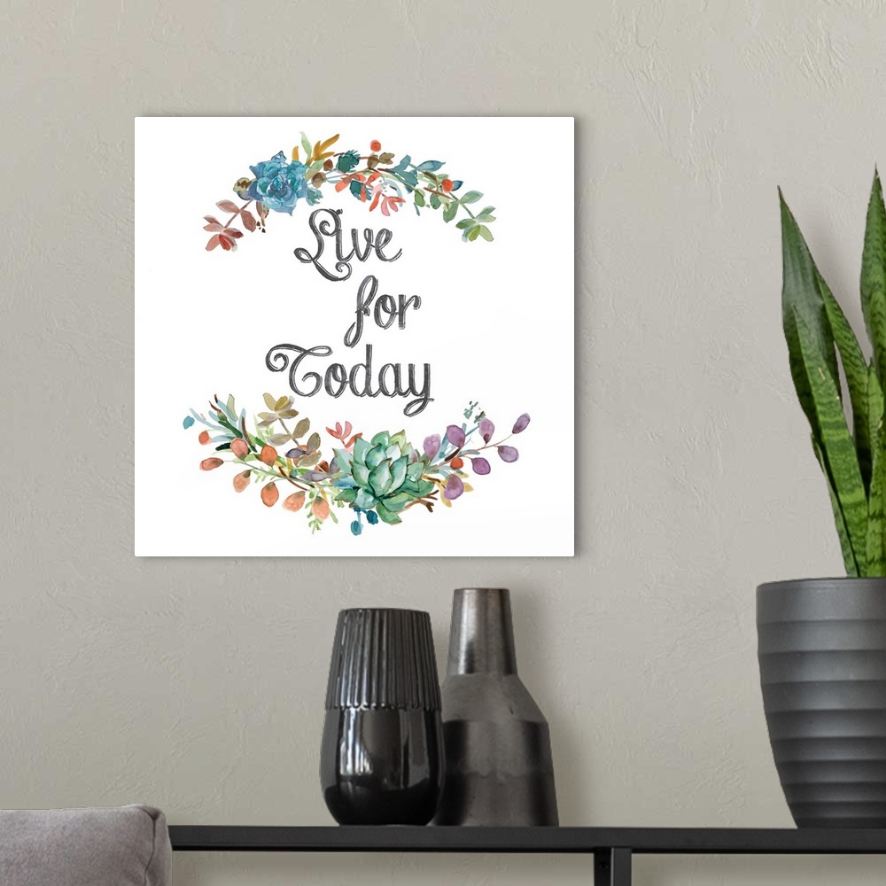 A modern room featuring Square watercolor painting with floral arches made out of colorful leaves and succulents enclosin...